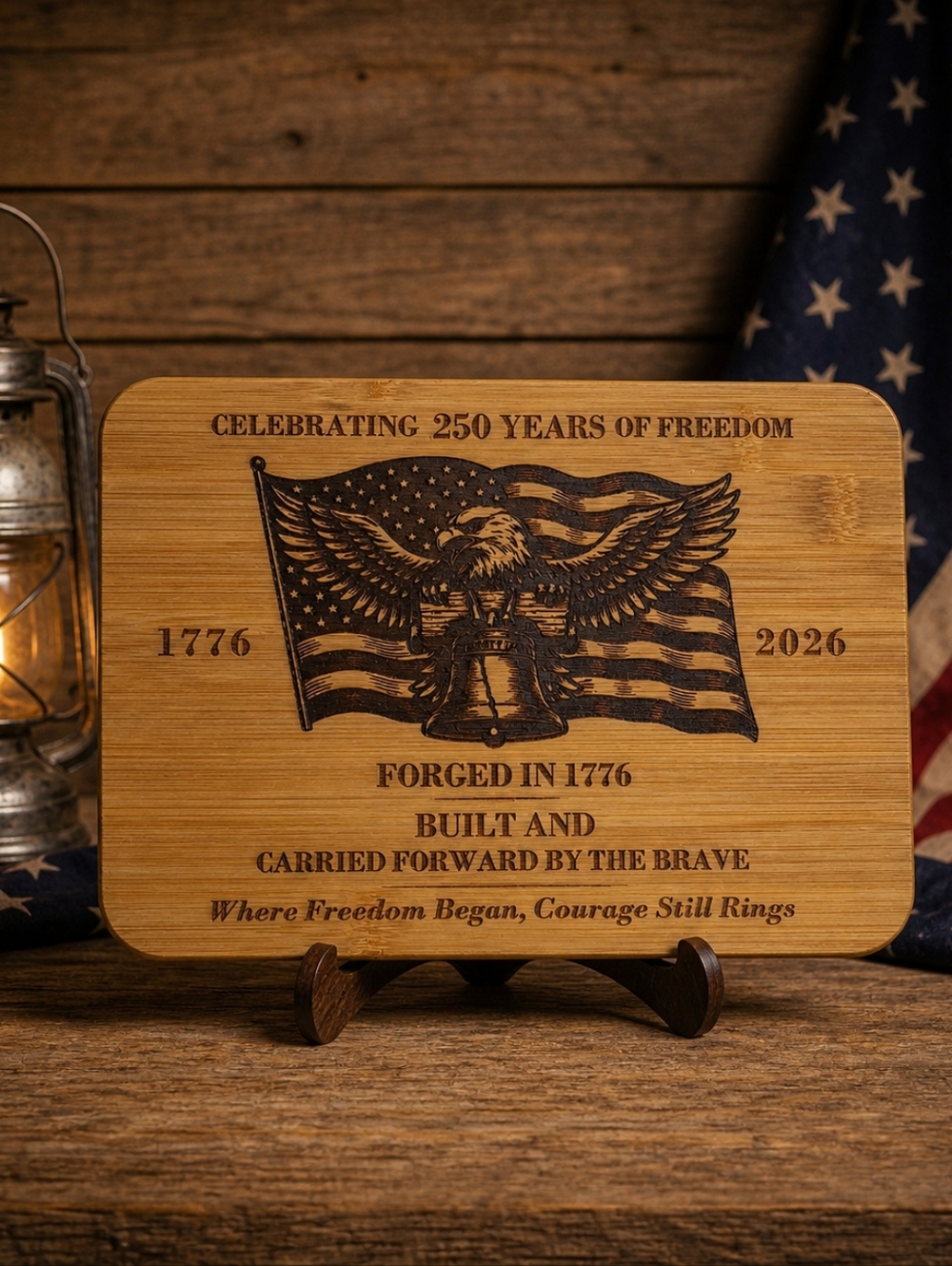 Patriotic Eagle & Liberty bell Engraved Bamboo Plaque - Natural Wood